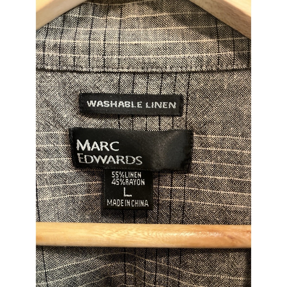 Marc Edwards Button Down Shirt Mens Large Grey Linen Blend Grid Short Sleeve - Picture 3 of 8